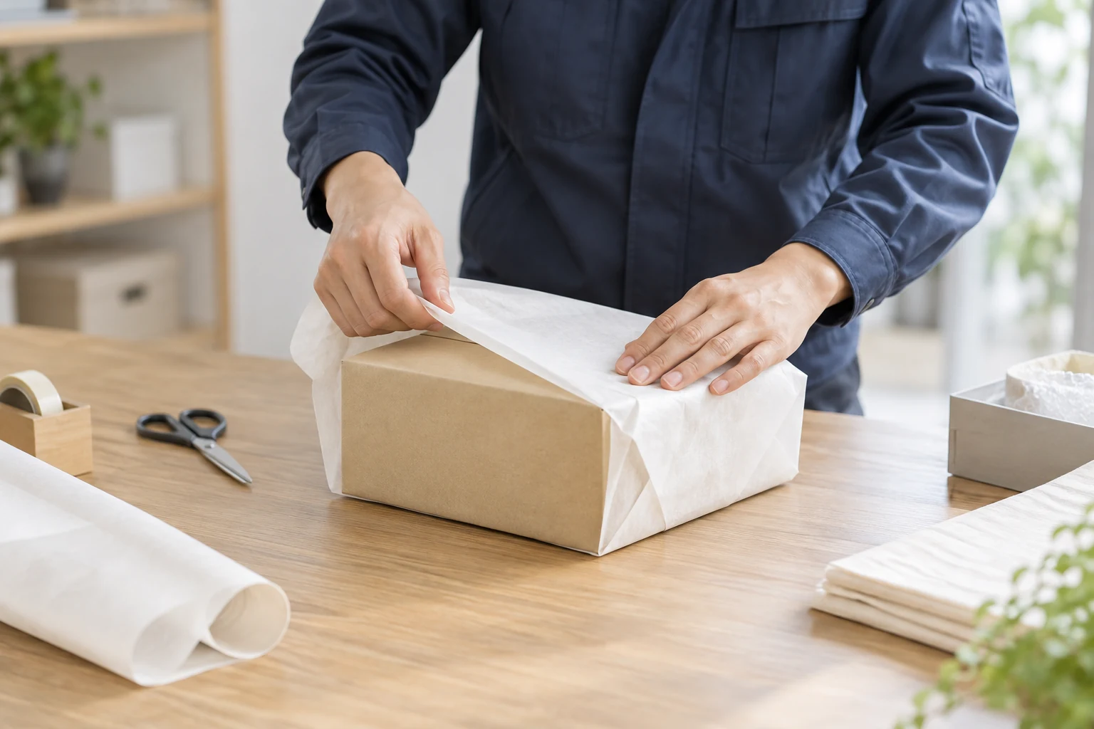 荷物を保護紙で丁寧に包む梱包作業のイメージ
