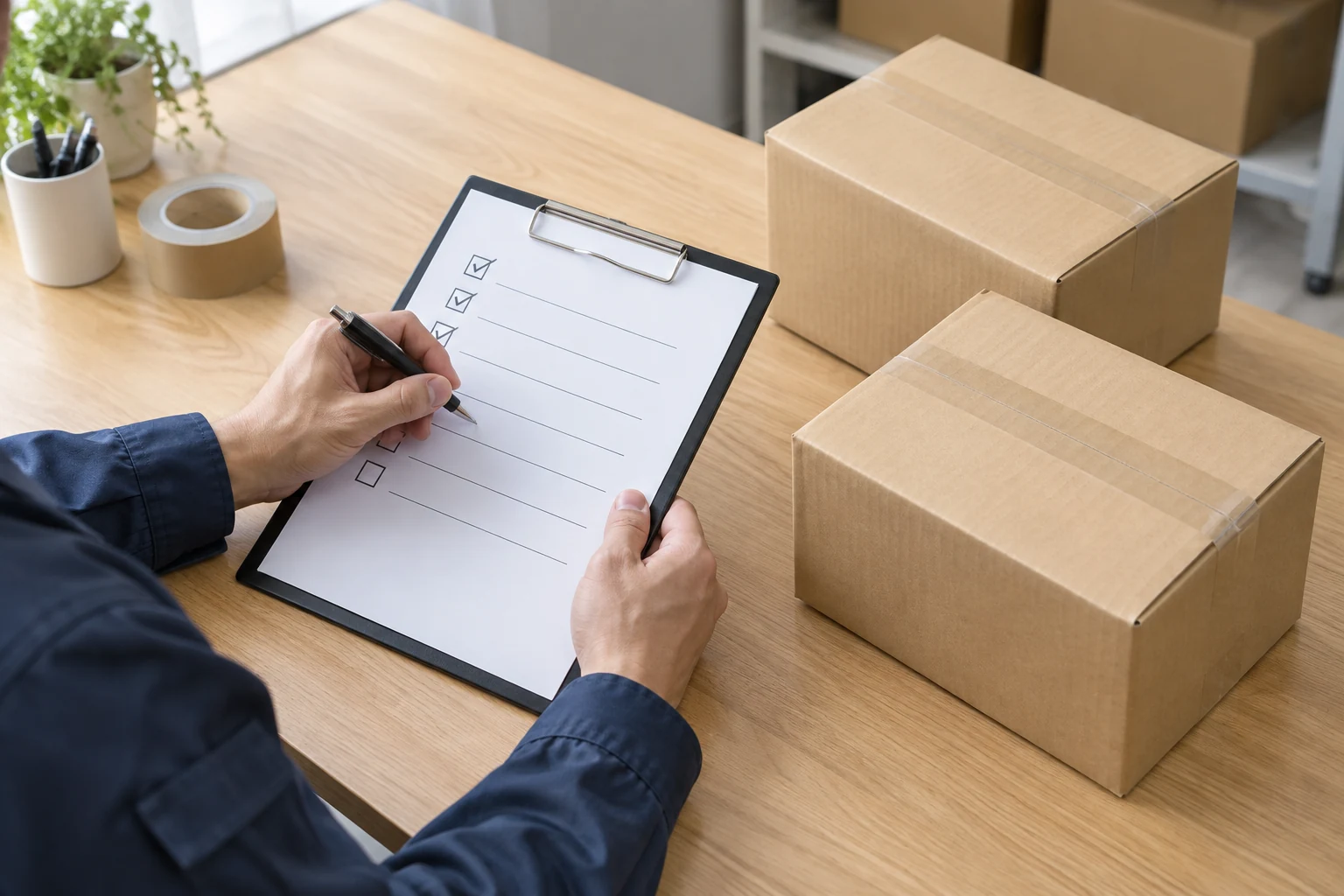 発送前に荷物と確認表を照合するイメージ
